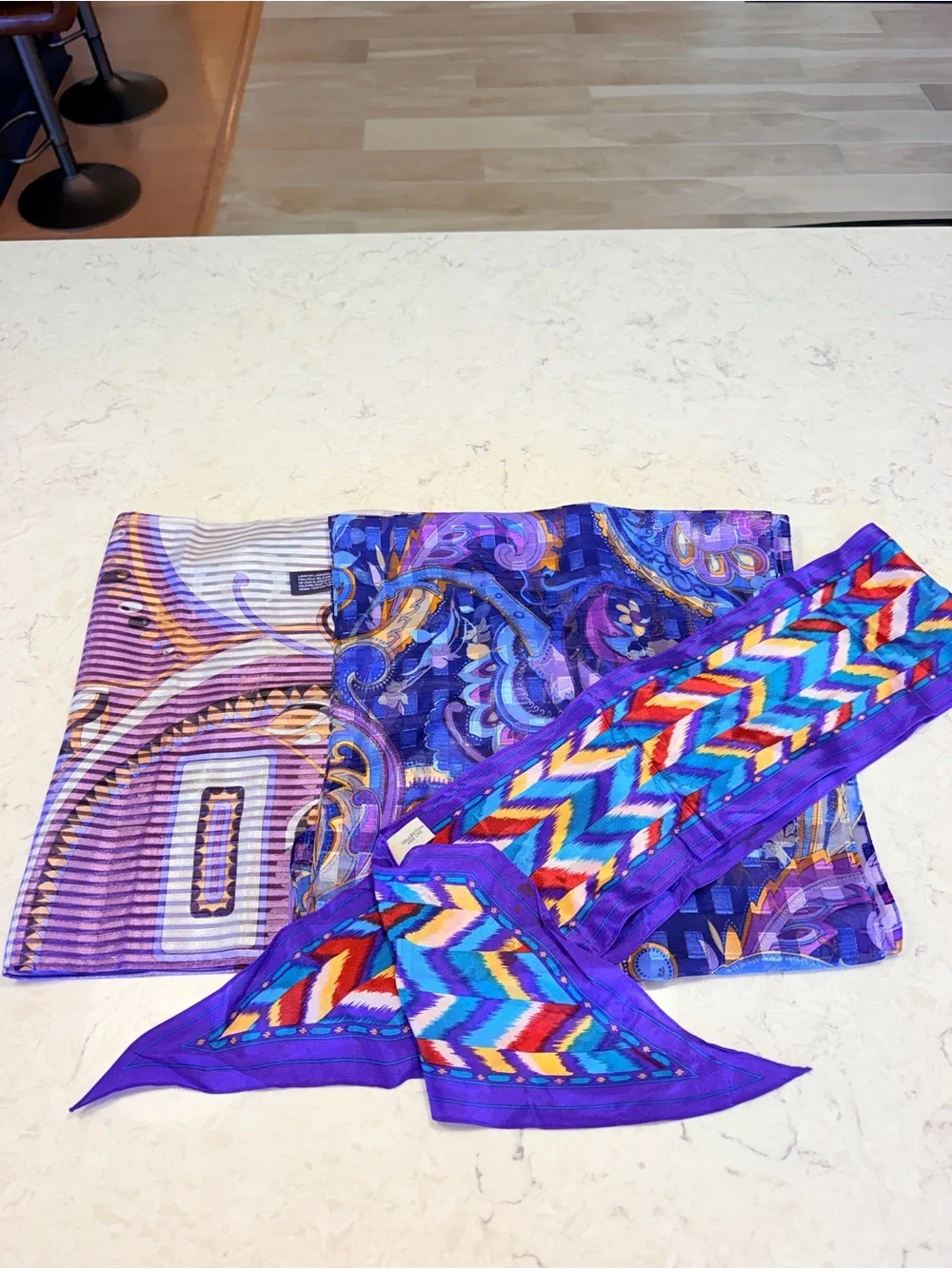 3 Piece Colorful Statement Scarf Bundle – Purple Blue Orange Geometric Paisley